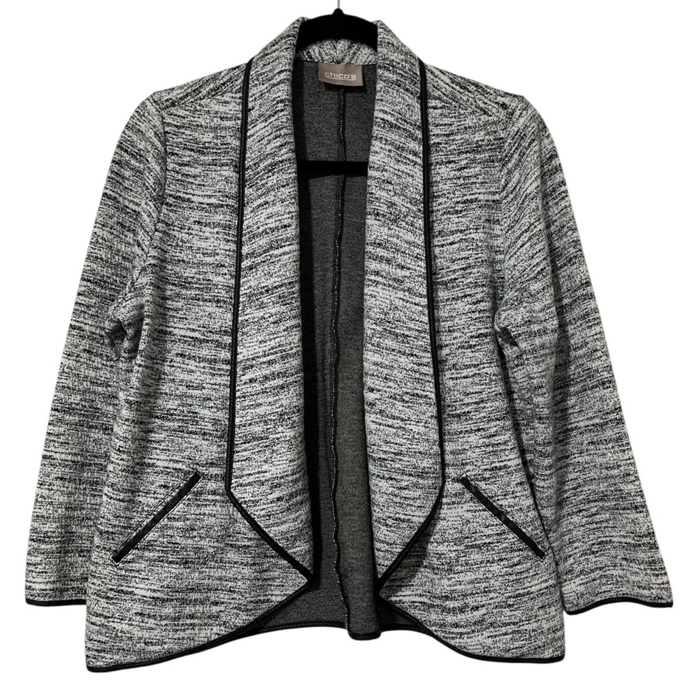 Chico's Open Front Jacket Black & White Print w/ Faux Leather Look Trim Size 1 - Picture 2 of 8